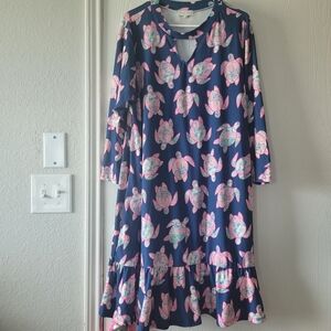 Simply Southern Womens Turtle Ruffle Hem Shift Dress 2X Blue Pink Pockets
